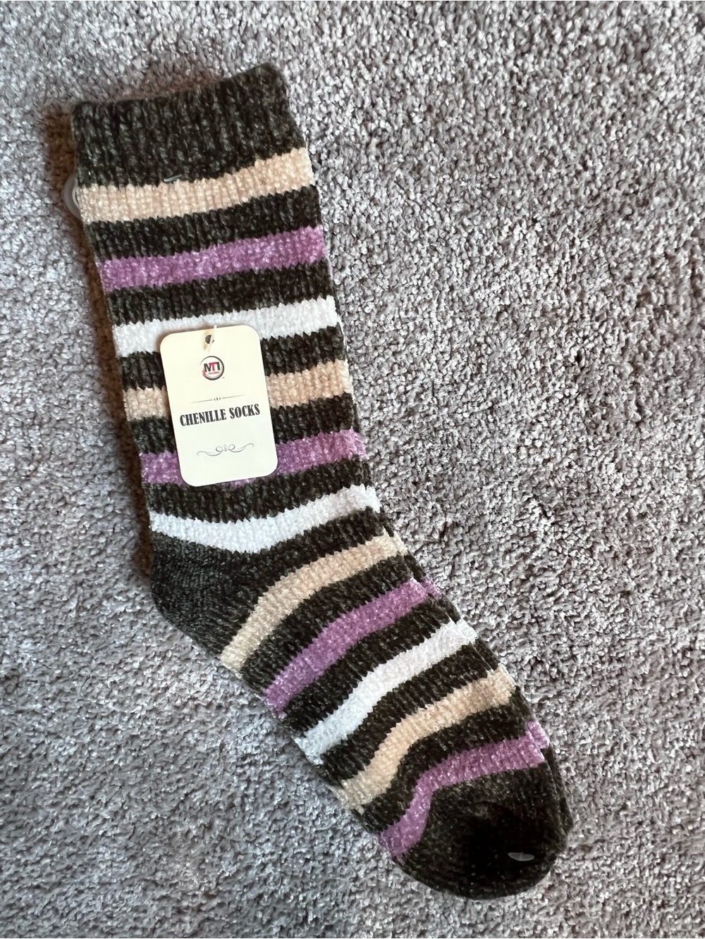 Chenille Striped women’s Socks - Olive Green, Lavender, White, & Cream - NEW